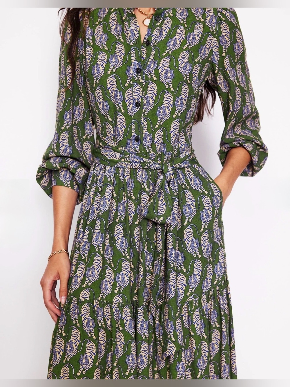 Boden Green Purple and Tan Tiger Print Maxi Dress with Tie Waist - Picture 3 of 11